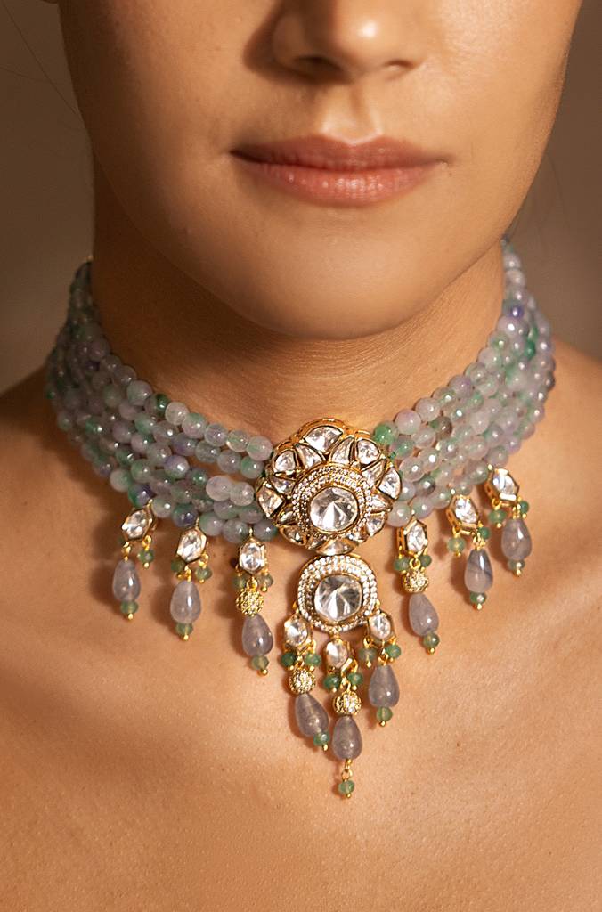 Exquisite Golden, Green Choker Necklace : JBRSSNK197