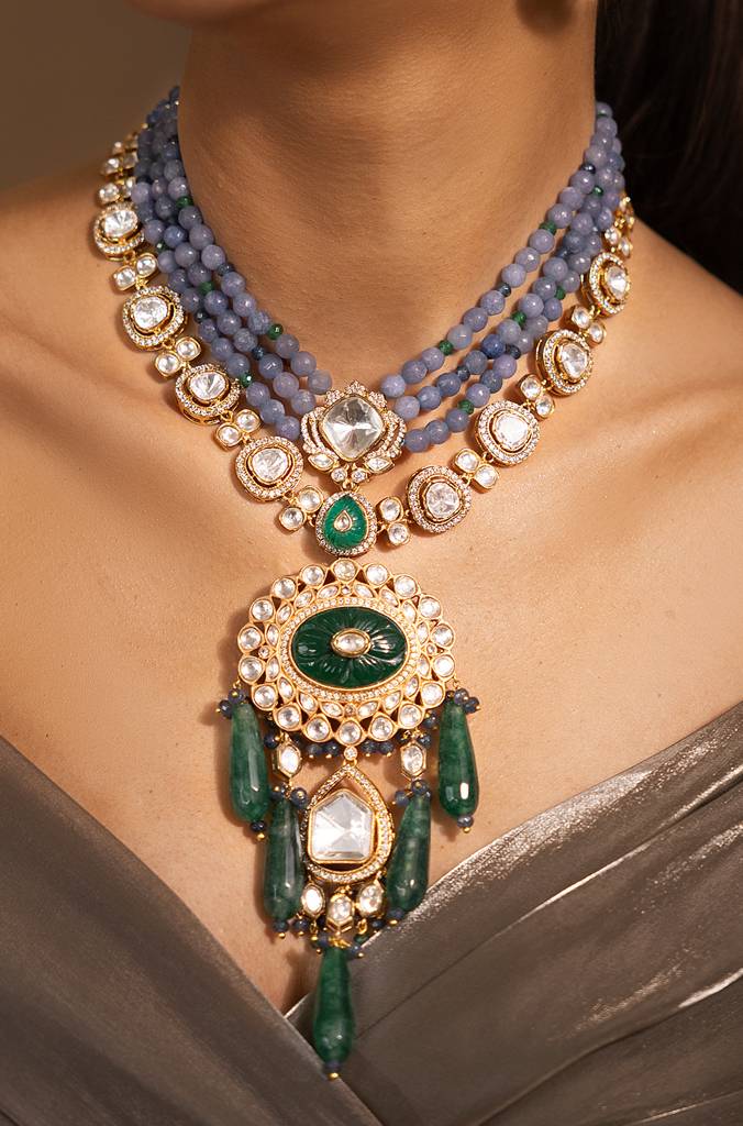Enchanting Blue-Golden Elegance Necklace Set : JBRSSNK200
