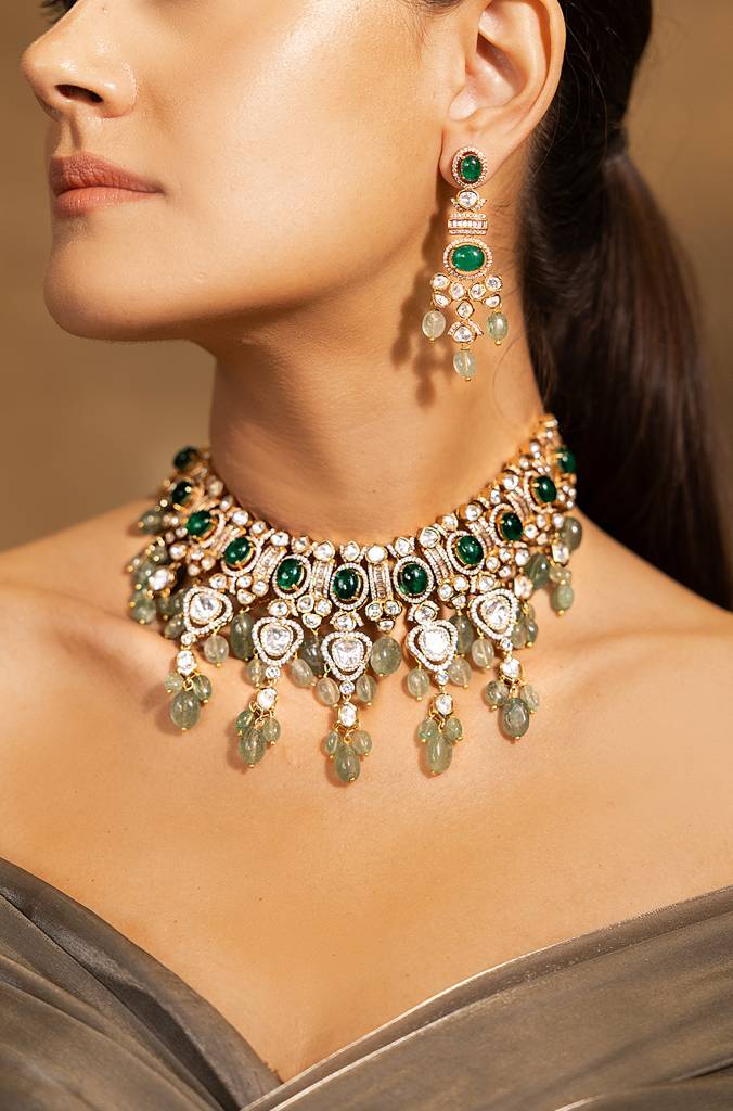 Exquisite Golden-Green Choker Necklace Set : JBRSSNK214