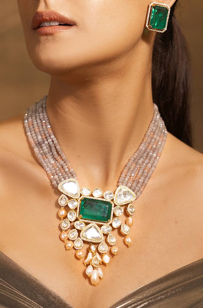 Opulent Golden-Grey-Green Necklace Set : JBRSSNK216