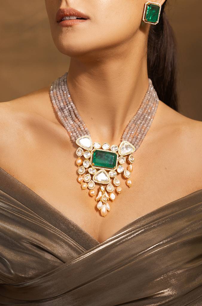 Opulent Golden-Grey-Green Necklace Set : JBRSSNK216