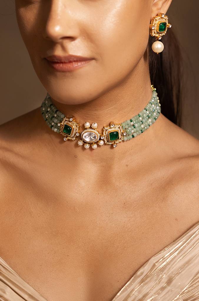 Luxe Golden-Green Choker Necklace Set : JBRSSNK217