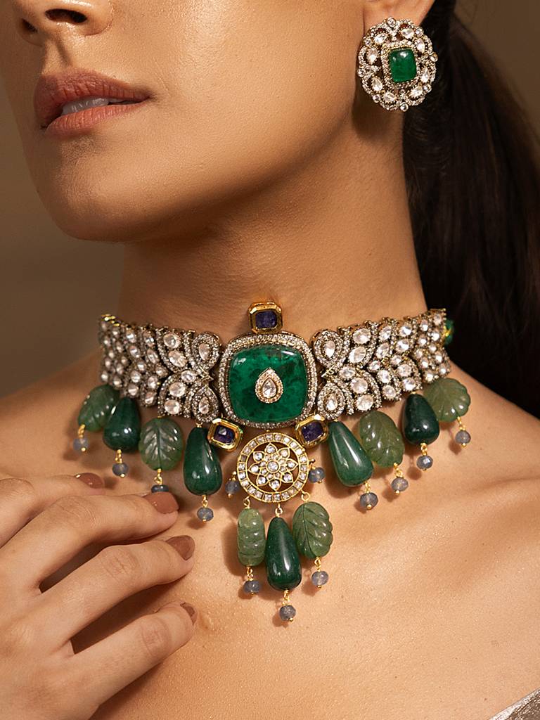 Enchanting Golden-Green Choker Necklace Set : JBRSSNK248