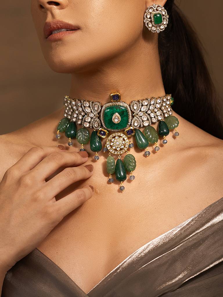 Enchanting Golden-Green Choker Necklace Set : JBRSSNK248