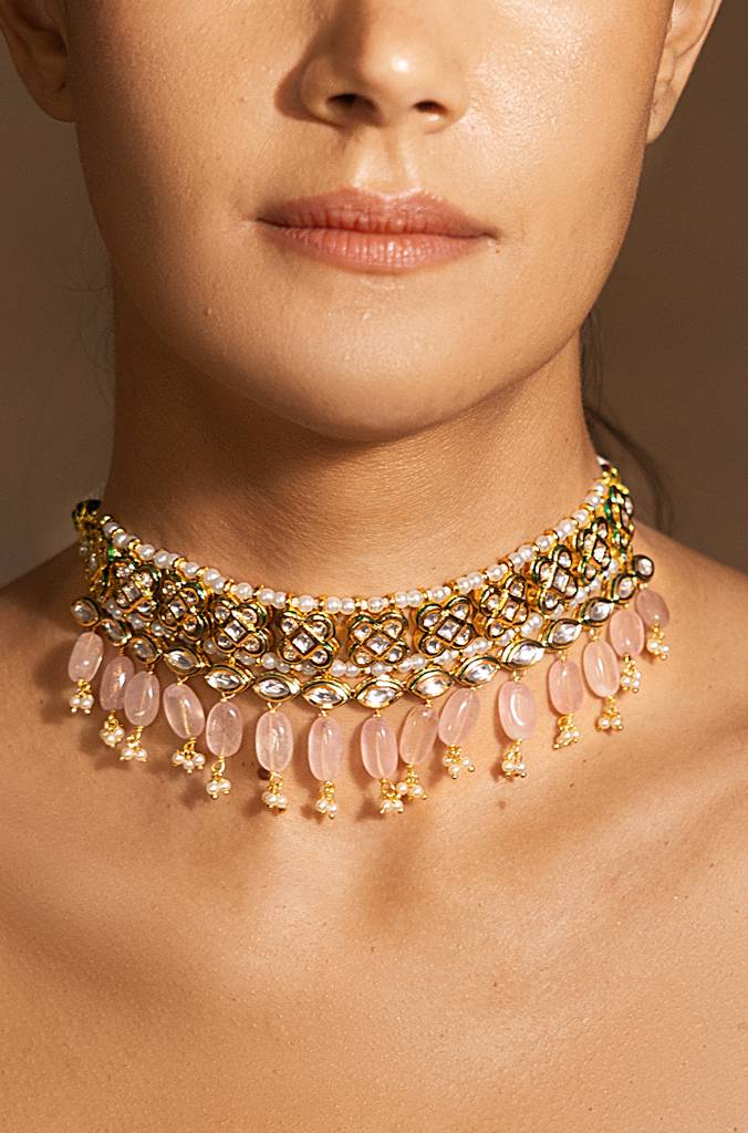 Elegant Gold-Pink Choker Necklace : JBRSSNK250