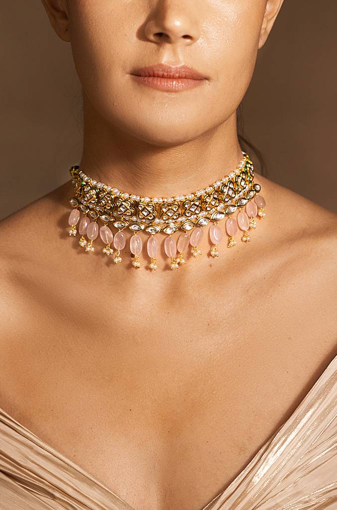 Elegant Gold-Pink Choker Necklace : JBRSSNK250