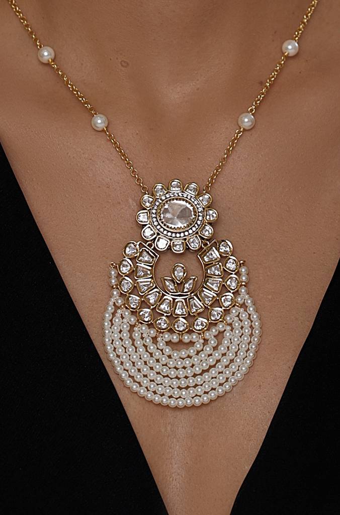Polki-Pearl Minimal Pendant Necklace : JBRSSNK313