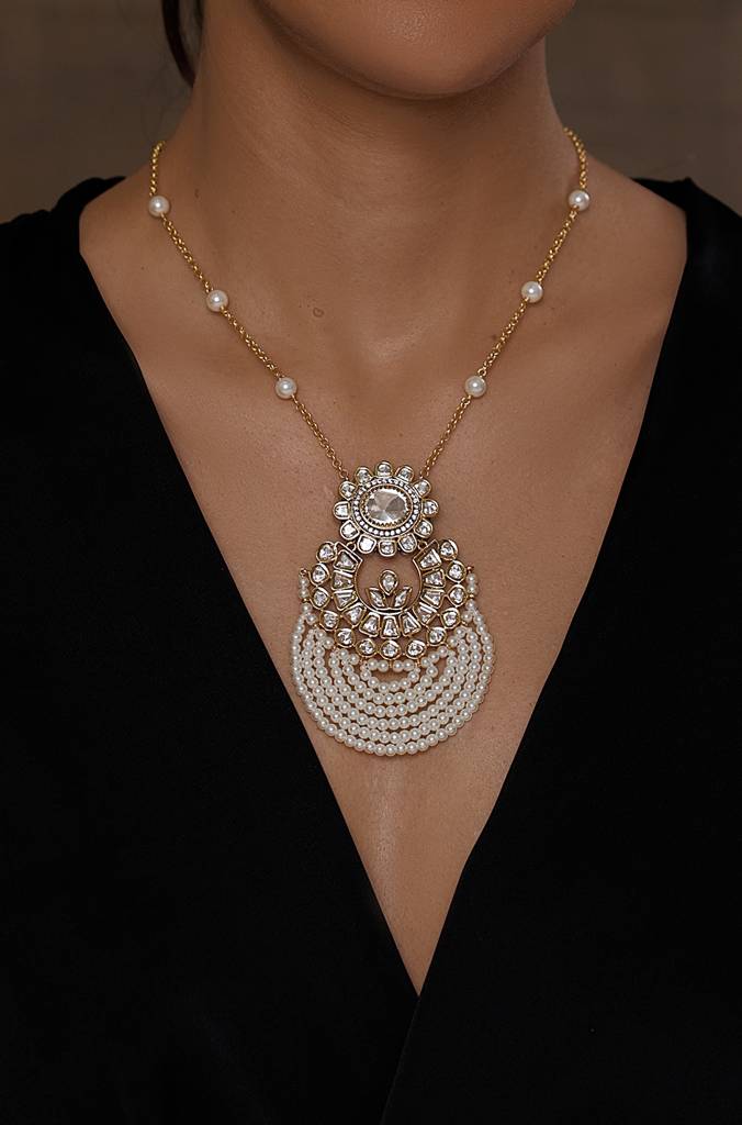 Polki-Pearl Minimal Pendant Necklace : JBRSSNK313