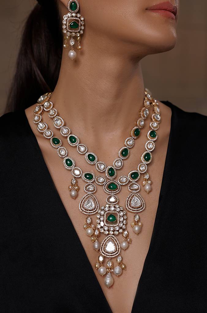 Opulent Bridal Green Gem Necklace Set : JBRSSNK334