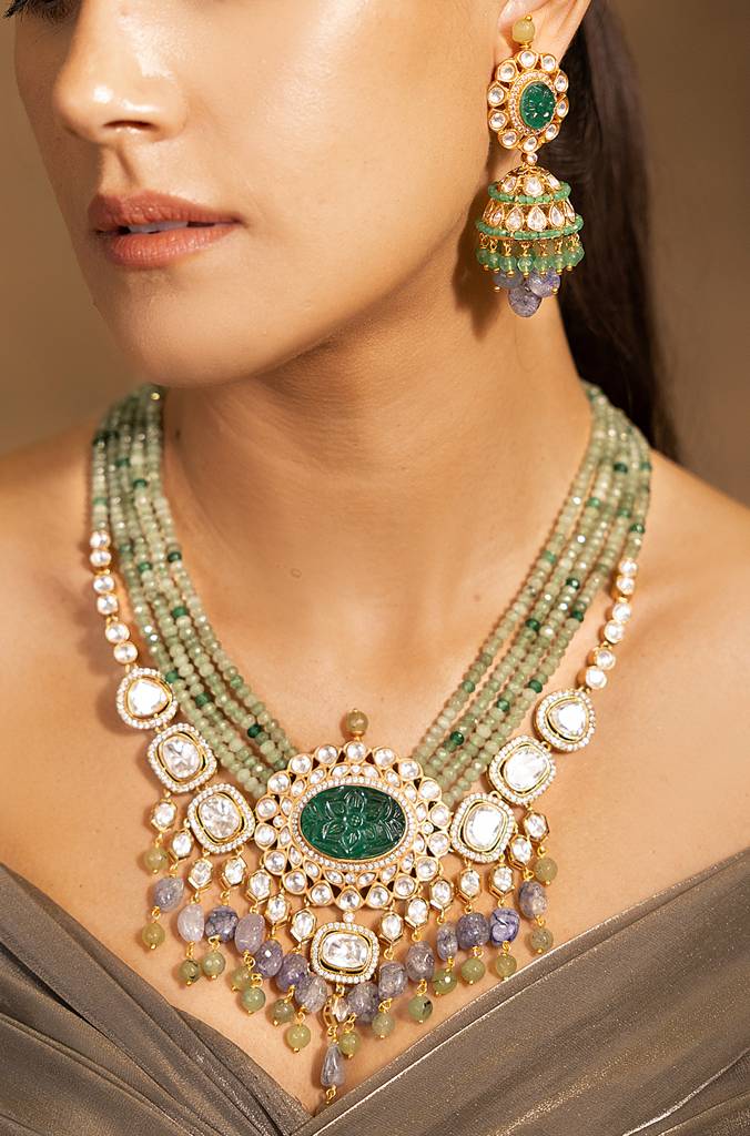 Glamorous Golden-Blue-Green Necklace Set : JBRSSNK41