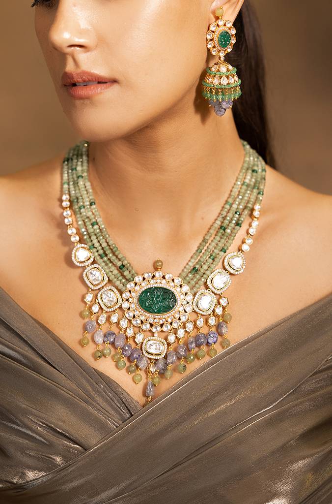 Glamorous Golden-Blue-Green Necklace Set : JBRSSNK41