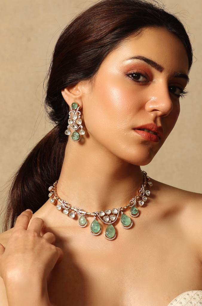 Emerald Dewdrops Necklace Set : JBRSSNK507