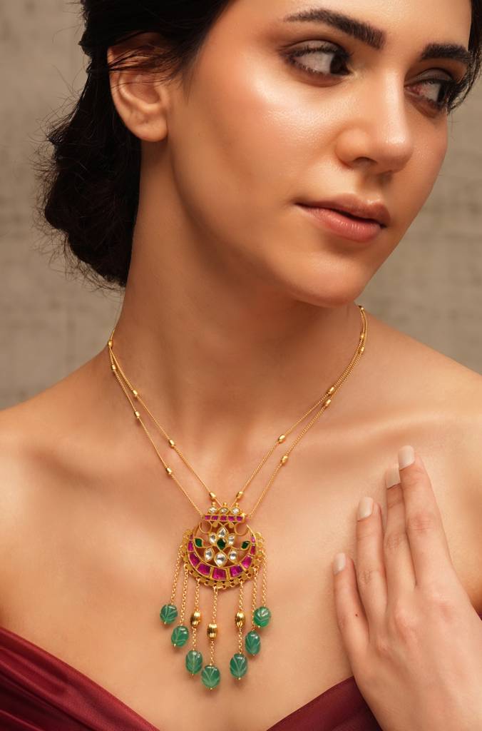 Emerald Drop Rajwadi Necklace : JBRTJSNK127