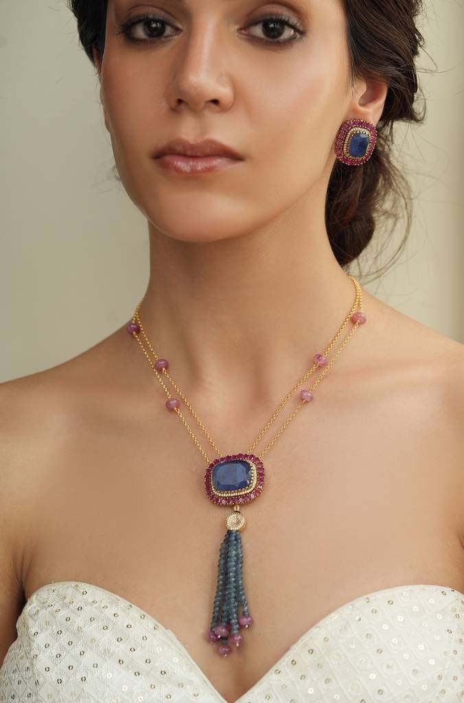 Azure Blue Tassel Necklace Set : JBRTJSNKS52