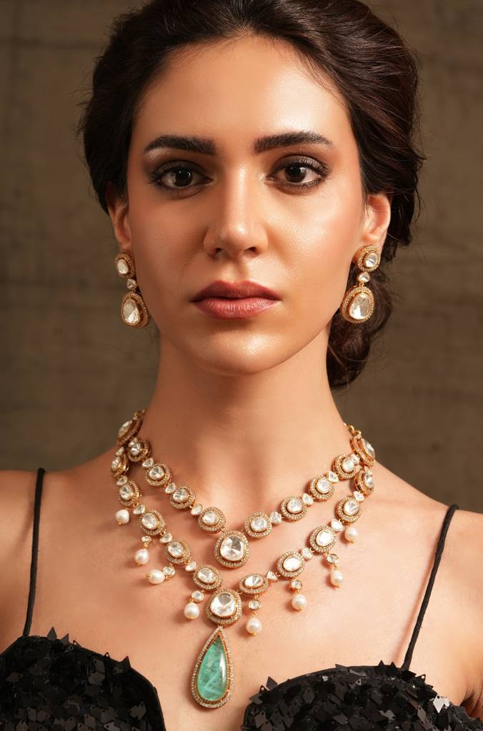 Green Cascade Polki Necklace Set : JBRTJSNKS66
