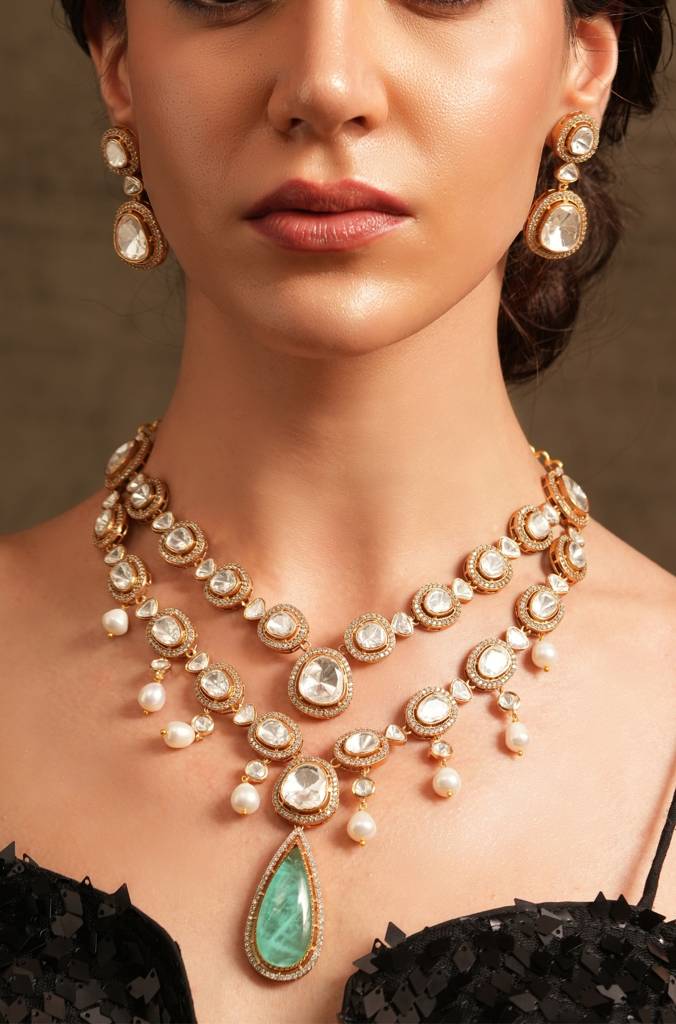 Green Cascade Polki Necklace Set : JBRTJSNKS66