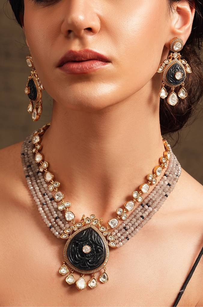 Polki Grey Bead Necklace Set : JBRTJSNKS77