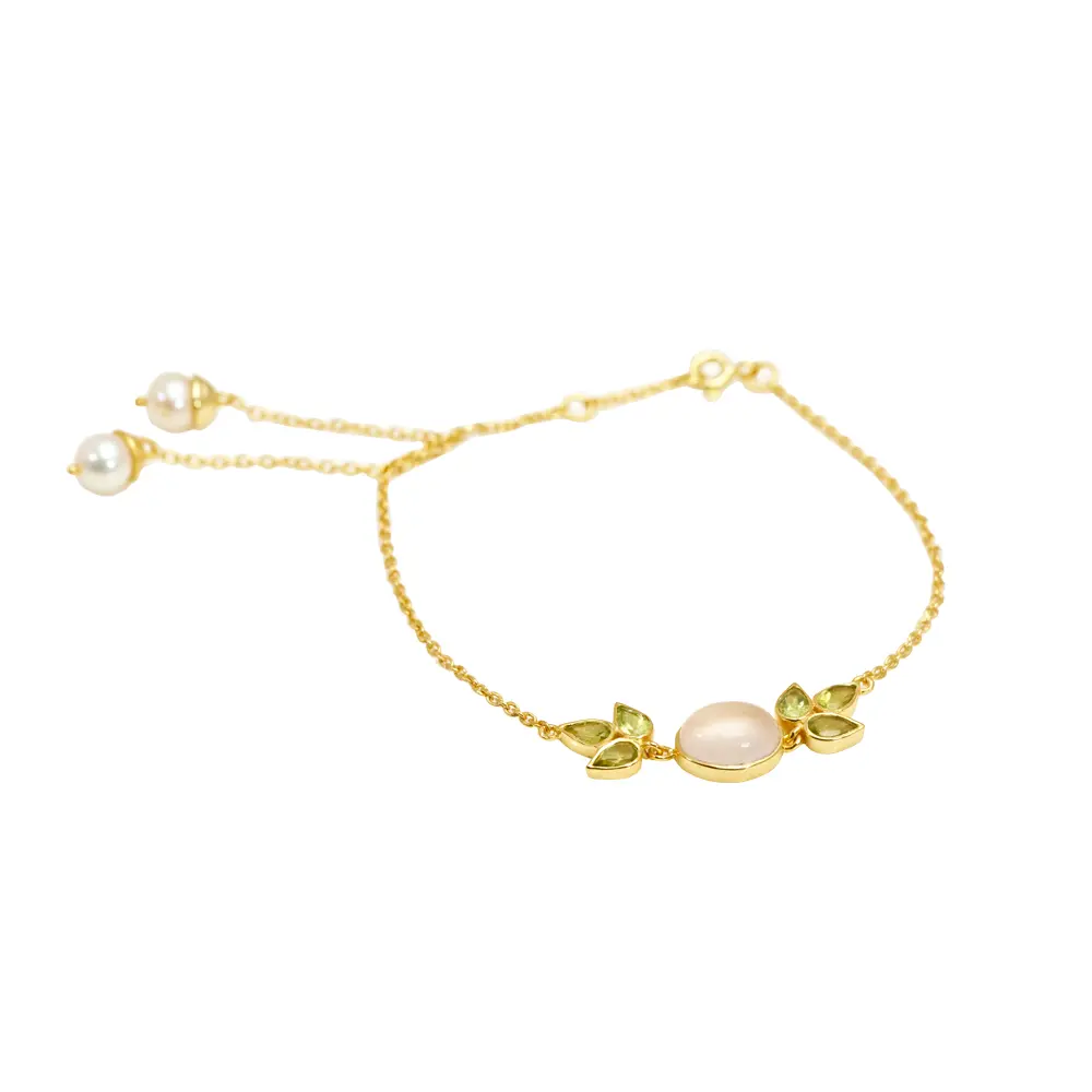 Pearl, Peridot & Rose Quartz 925 Sterling Silver Bracelet : JCBG-164
