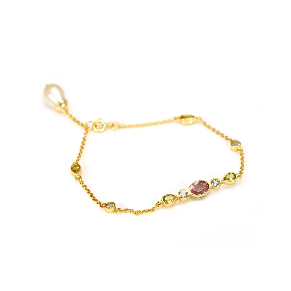 Blue Topaz, Pearl, Peridot & Tourmaline 925 Sterling Silver Bracelet : JCBG-168