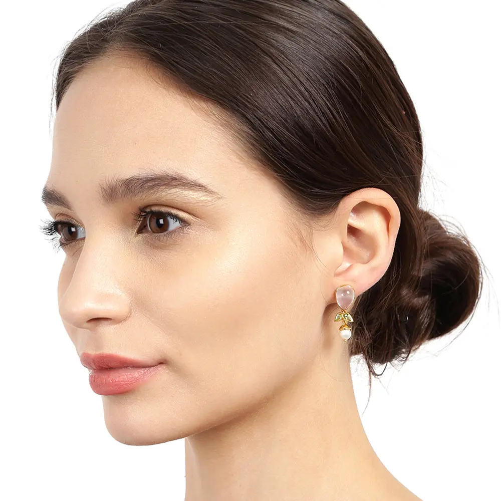 Pearl, Peridot & Rose Quartz 925 Sterling Silver Drop Earrings : JCER-175