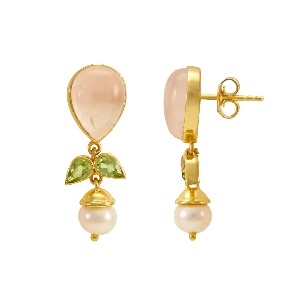 Pearl, Peridot & Rose Quartz 925 Sterling Silver Drop Earrings : JCER-175