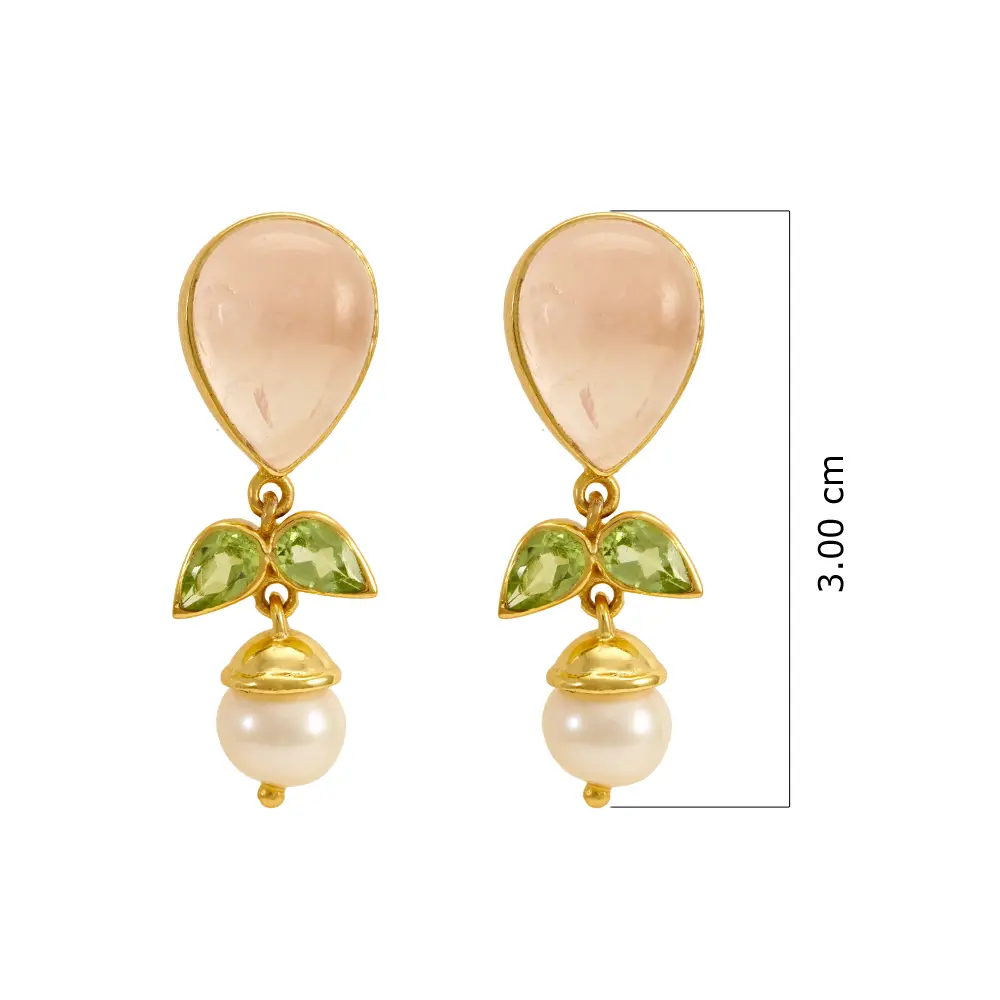Pearl, Peridot & Rose Quartz 925 Sterling Silver Drop Earrings : JCER-175