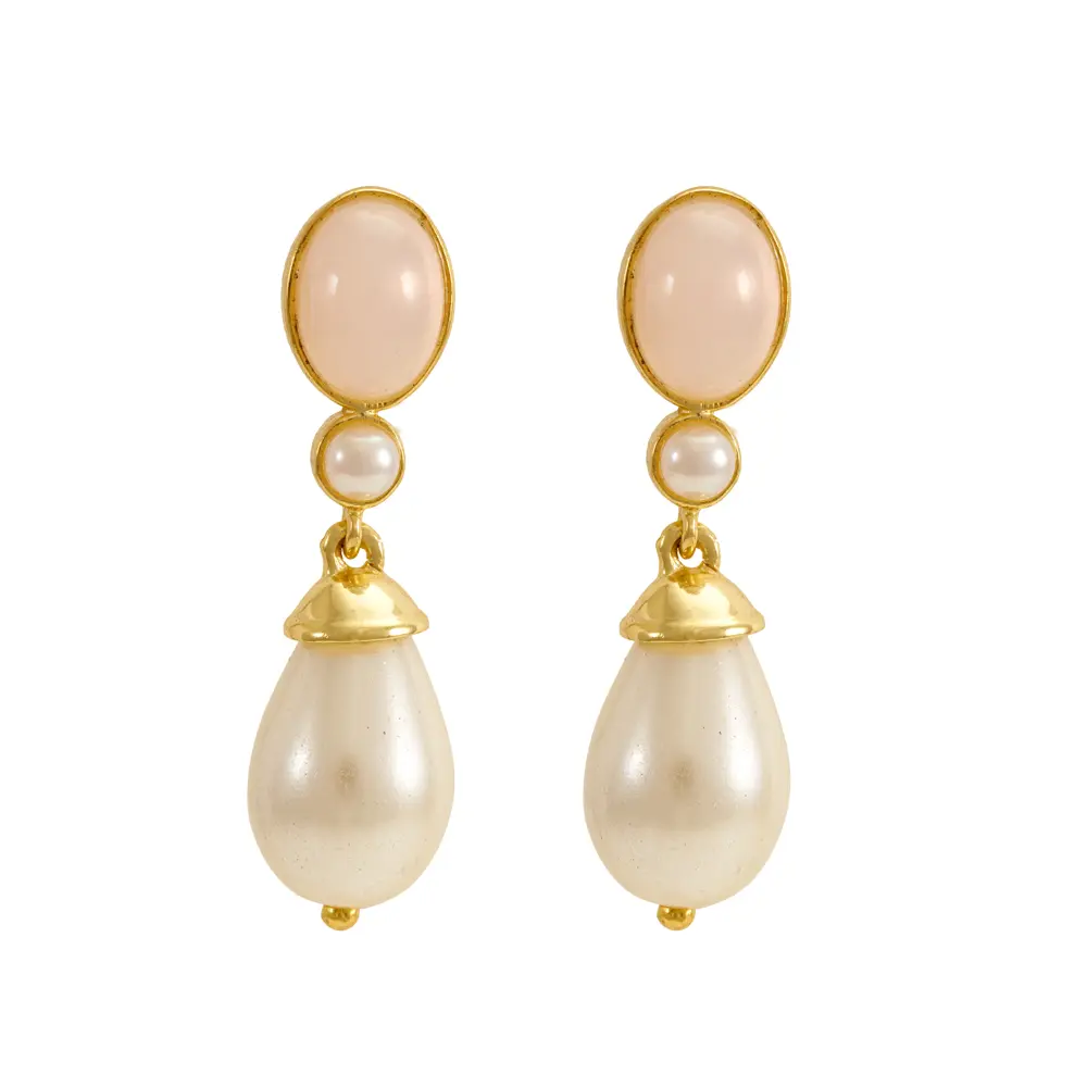 Pink Opal & Pearl 925 Sterling Silver Drop Earrings : JCER-176