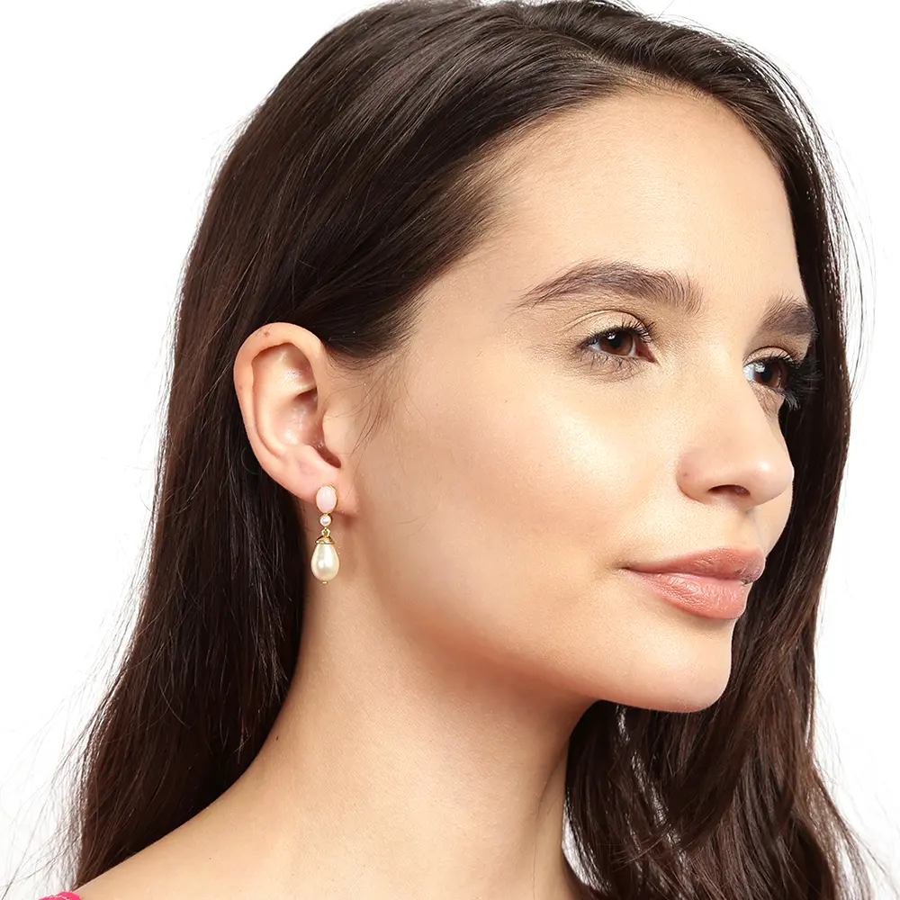Pink Opal & Pearl 925 Sterling Silver Drop Earrings : JCER-176