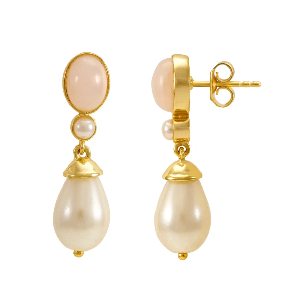 Pink Opal & Pearl 925 Sterling Silver Drop Earrings : JCER-176
