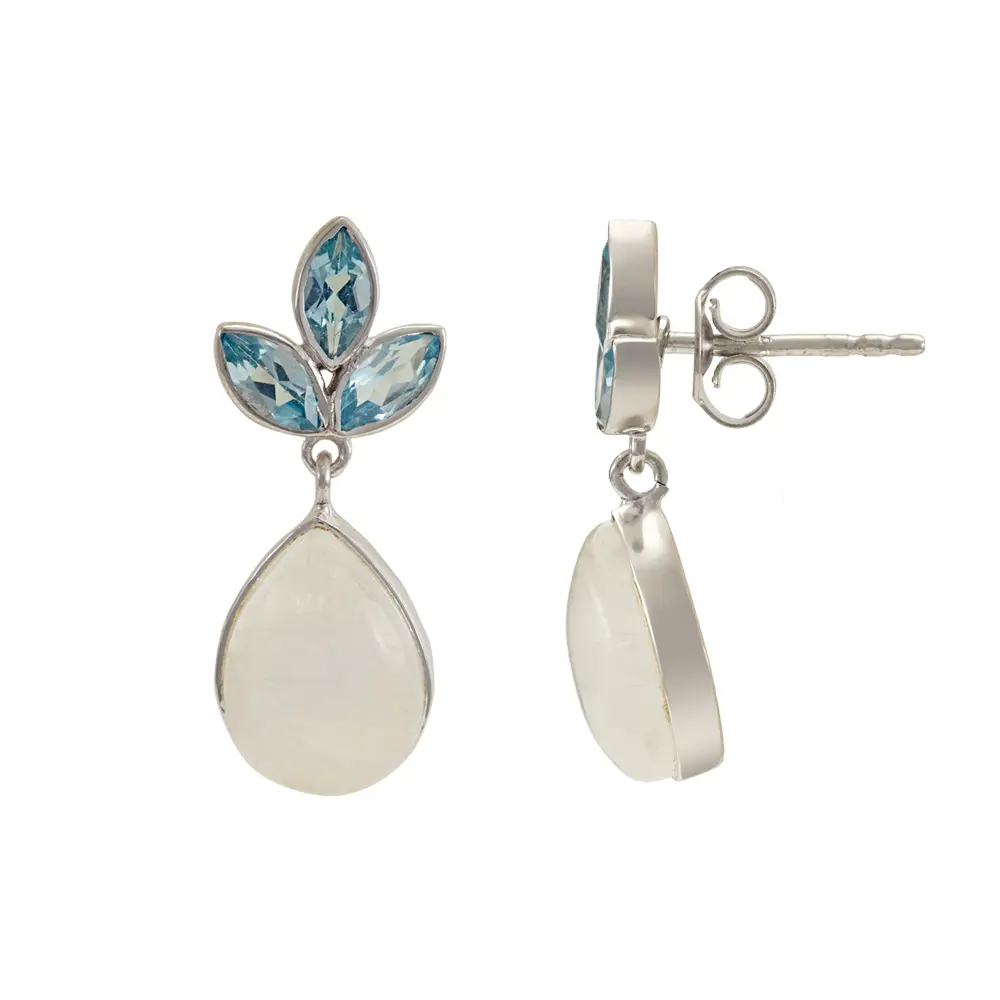 Blue Topaz & Rainbow Moonstone 925 Sterling Silver Drop Earrings : JCER-180