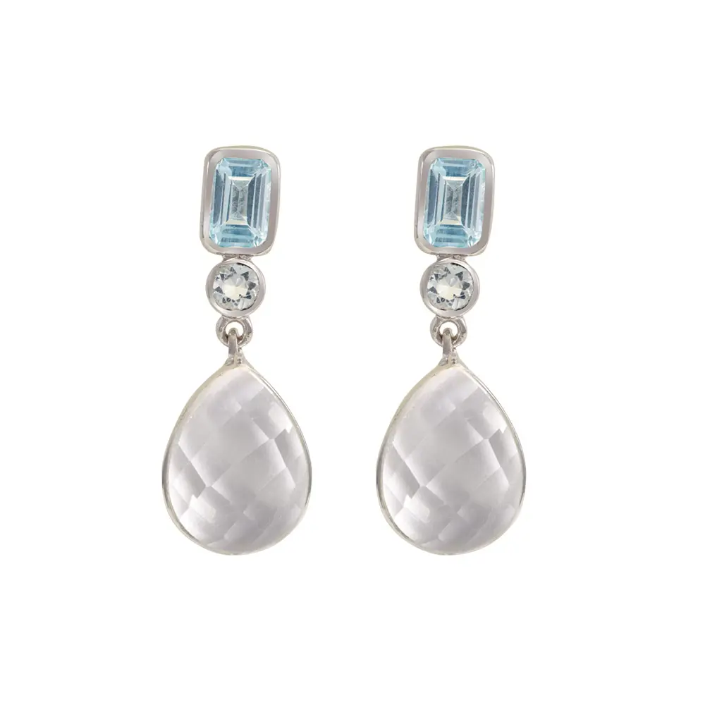 Aquamarine, Blue Topaz & Crystal Quartz 925 Sterling Silver Drop Earrings : JCER-182