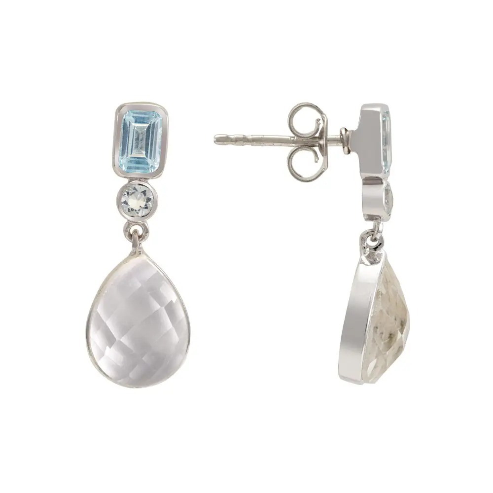 Aquamarine, Blue Topaz & Crystal Quartz 925 Sterling Silver Drop Earrings : JCER-182