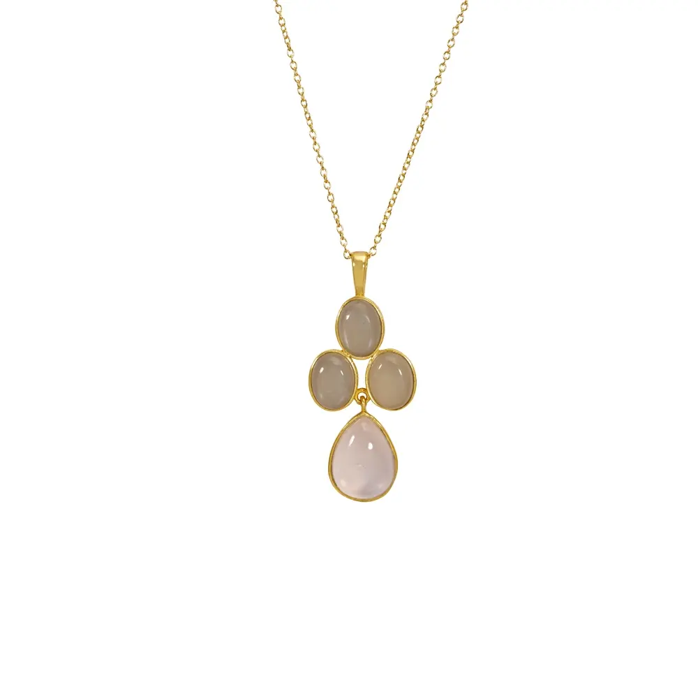 Grey Moonstone & Rose Quartz 925 Sterling Silver Pendant With Chain : JCPE-188