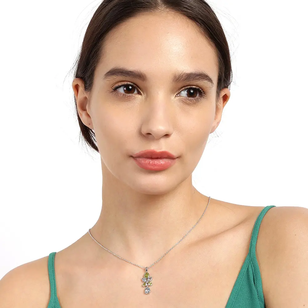 Blue Topaz & Peridot 925 Sterling Silver Pendant With Chain : JCPE-189