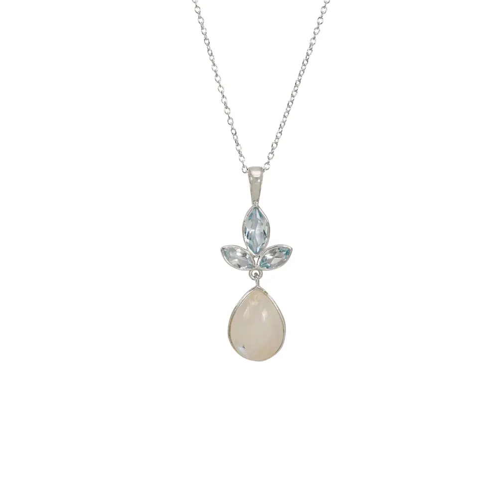 Blue Topaz & Rainbow Moonstone 925 Sterling Silver Pendant With Chain : JCPE-191