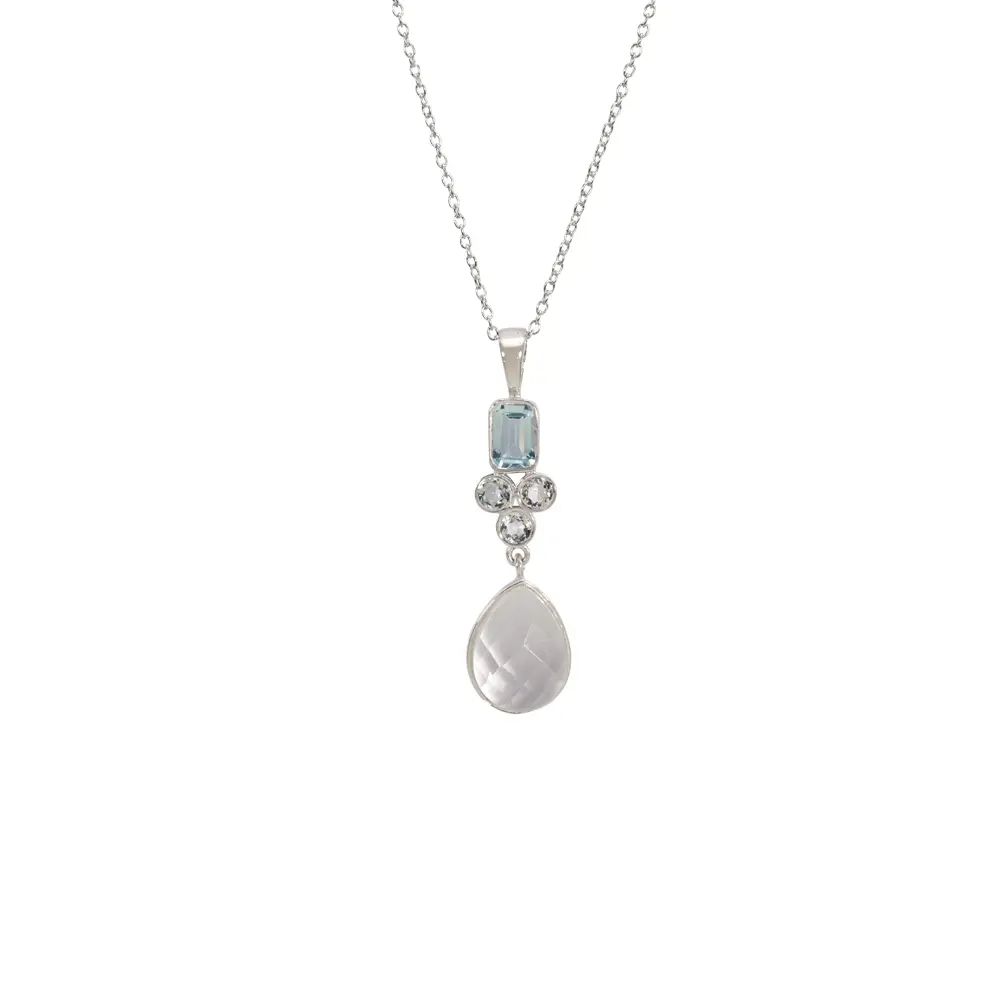 Aquamarine, Blue Topaz & Crystal Quartz 925 Sterling Silver Pendant With Chain : JCPE-193