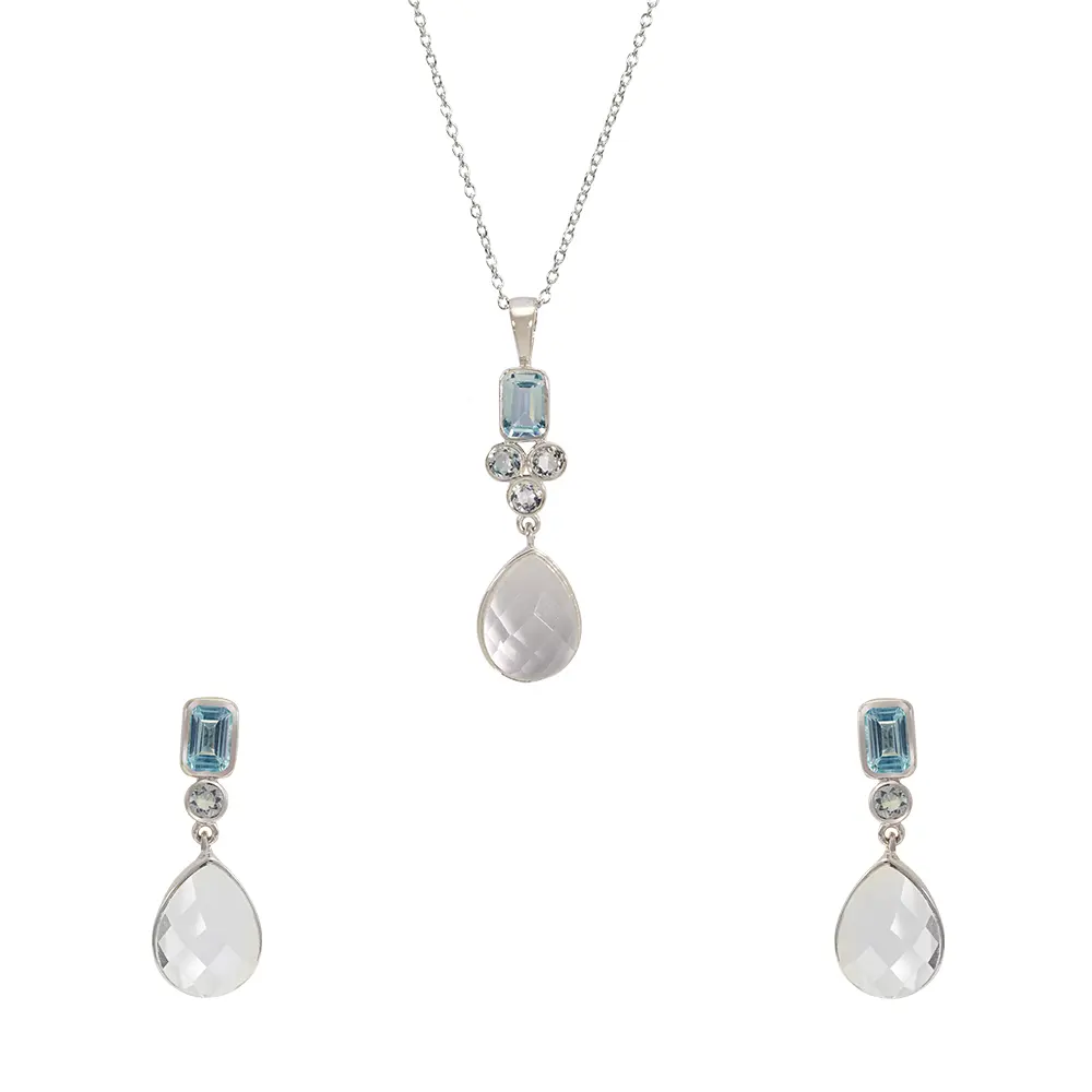Aquamarine, Blue Topaz & Crystal Quartz 925 Sterling Silver Pendant Set : JCPES-195