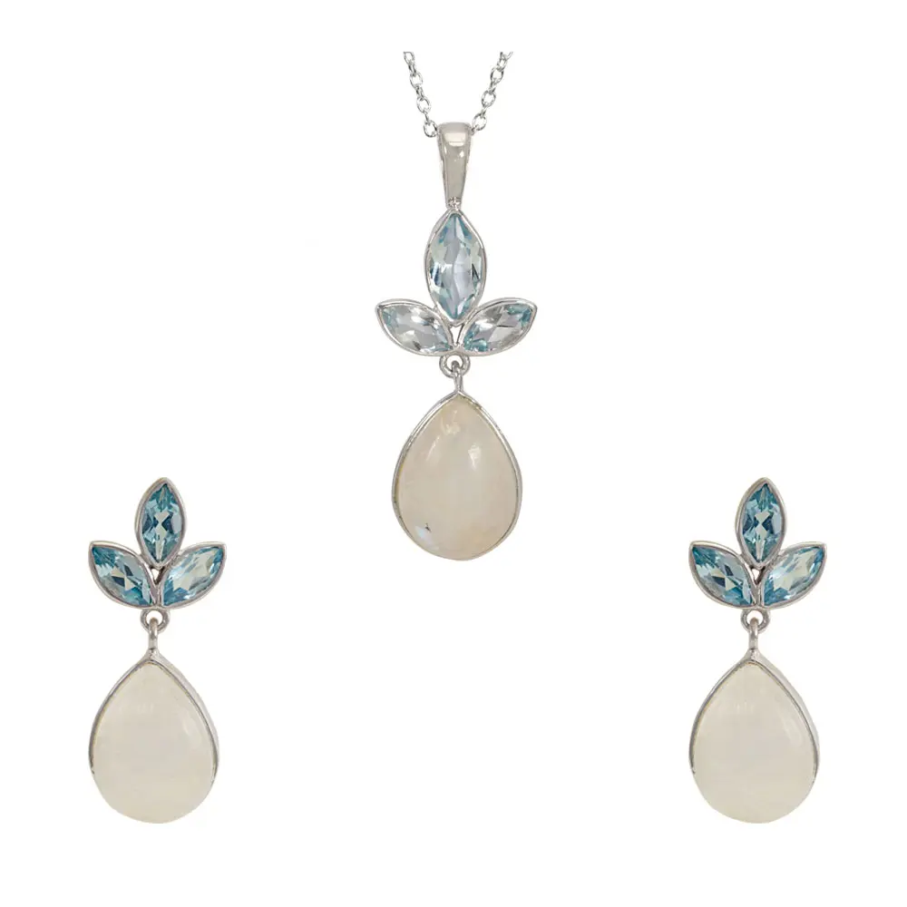 Blue Topaz & Rainbow Moonstone 925 Sterling Silver Pendant Set : JCPES-199
