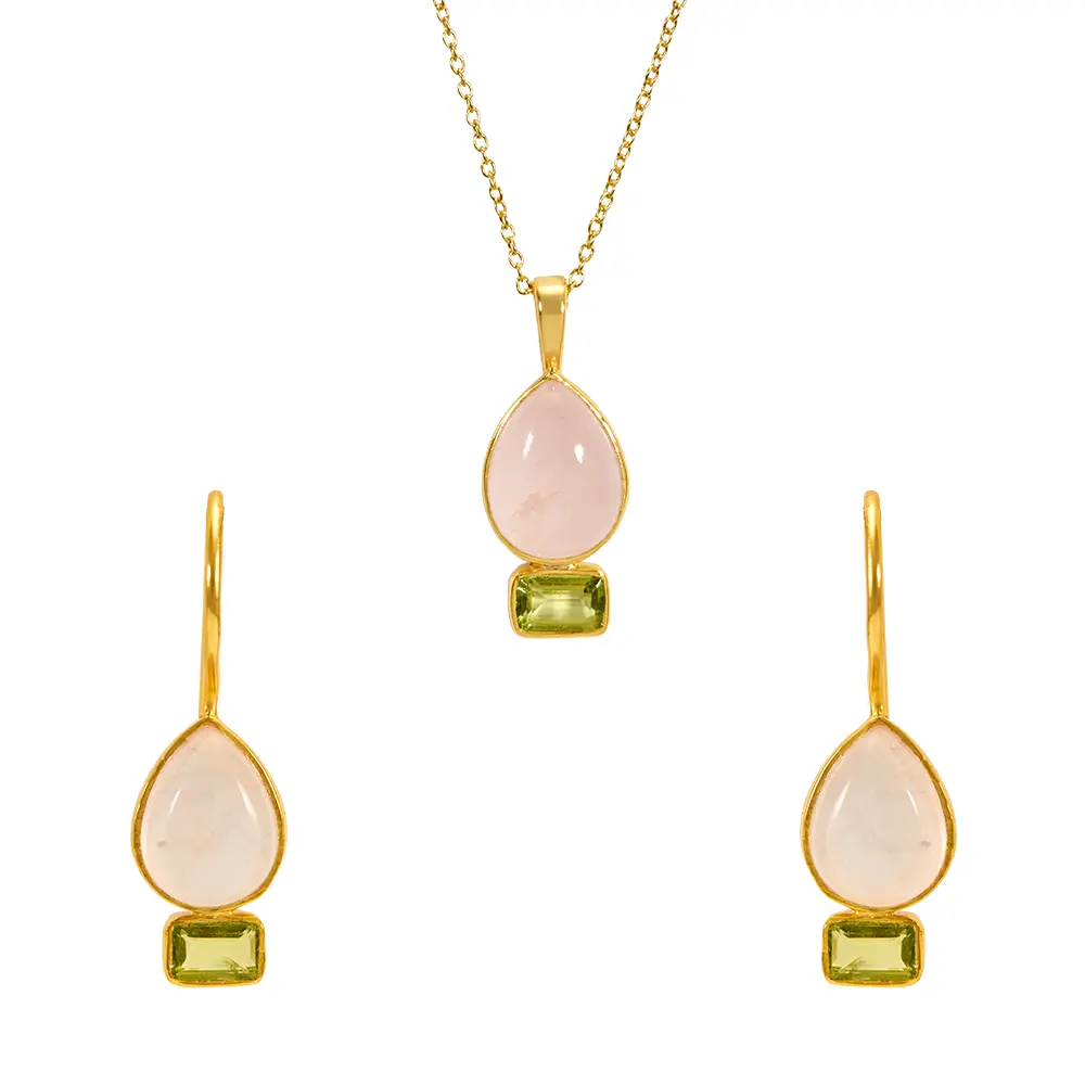Peridot & Rose Quartz 925 Sterling Silver Pendant Set : JCPES-203