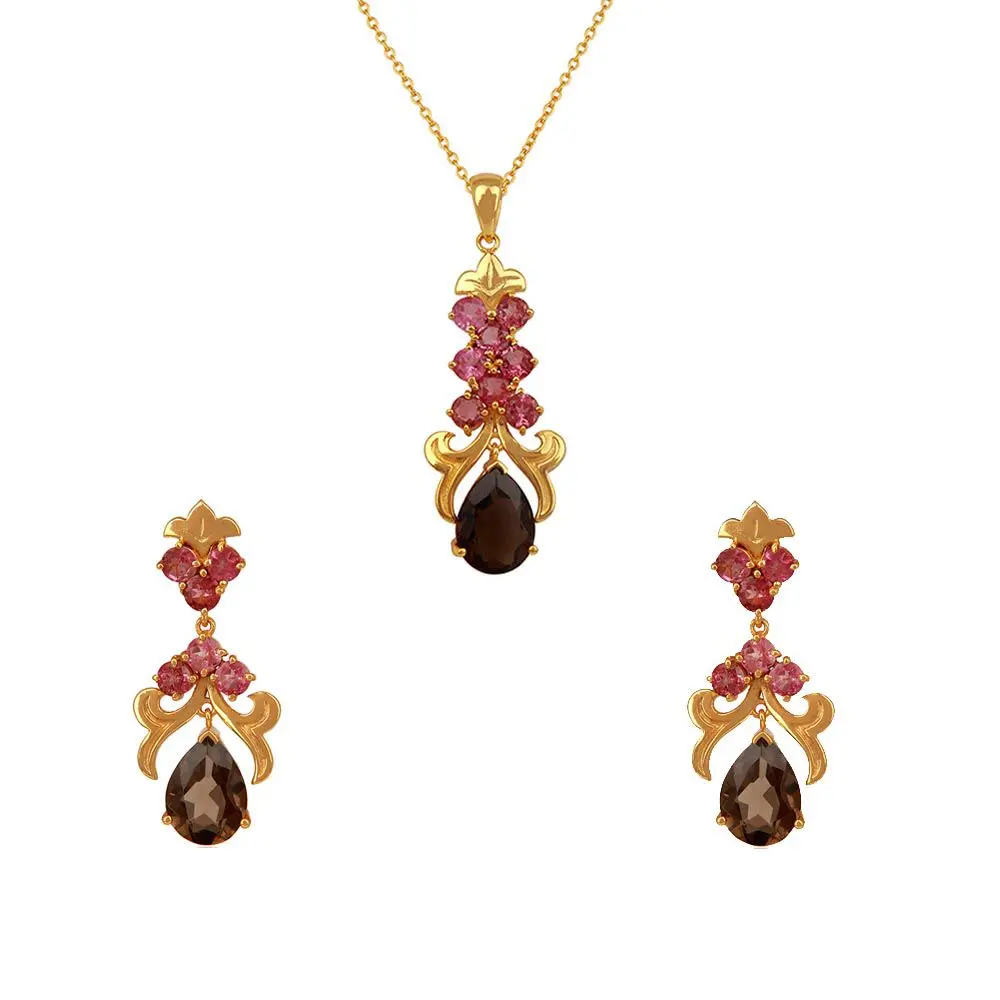 Sophisticated Pink Tourmaline & Smoky Topaz Sterling Silver Pendant Set With Earrings : JCPES-498
