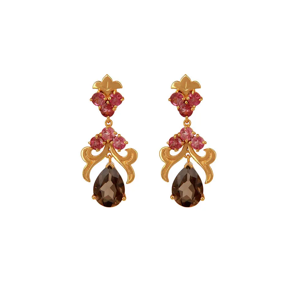 Sophisticated Pink Tourmaline & Smoky Topaz Sterling Silver Pendant Set With Earrings : JCPES-498