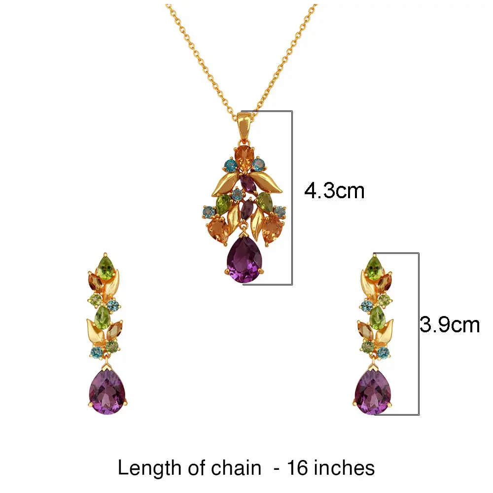 Vibrant Amethyst , Blue Topaz , Citrine & Peridot Sterling Silver Pendant Set With Earrings : JCPES-499