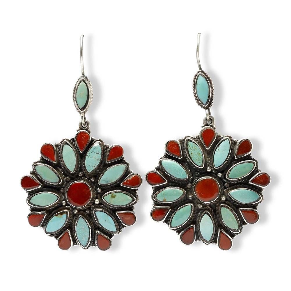 Flower Design Sterling Silver Earrings With Persian Turquoise And Coral : JNE04