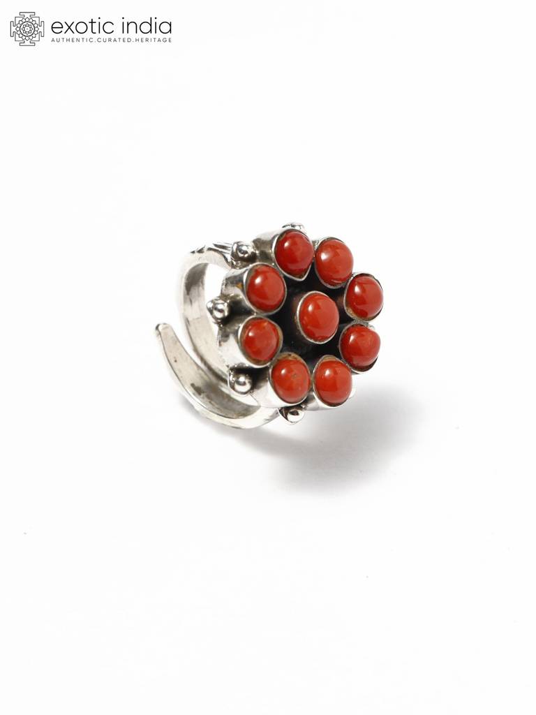 Sterling Silver Ring With Floral Design Coral Gemstone : JR26-5