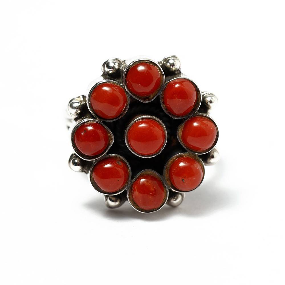 Sterling Silver Ring With Floral Design Coral Gemstone : JR26-6