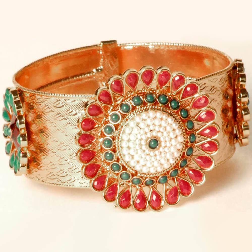 Floral Polki Cuff Bracelet With Copper Alloy With Glass Finish : JUU94