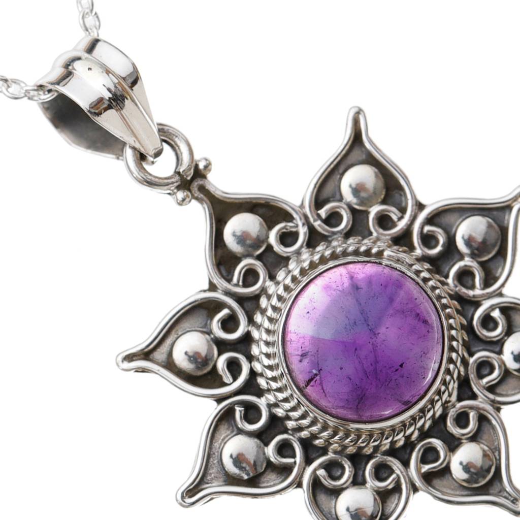 Sterling Silver Pendant With Flower Round Cut Gemstone : JUZ55--amethyst