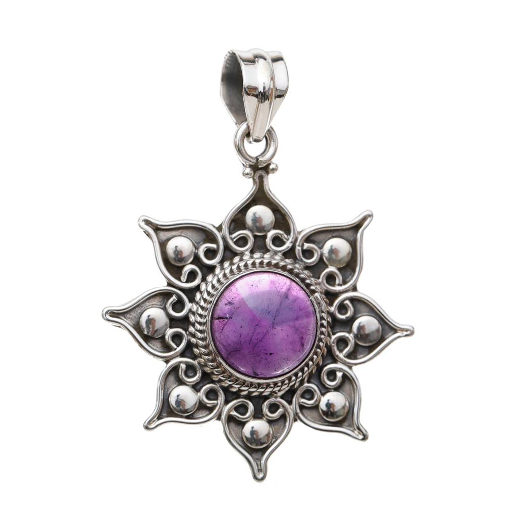 Sterling Silver Pendant With Flower Round Cut Gemstone : JUZ55--amethyst