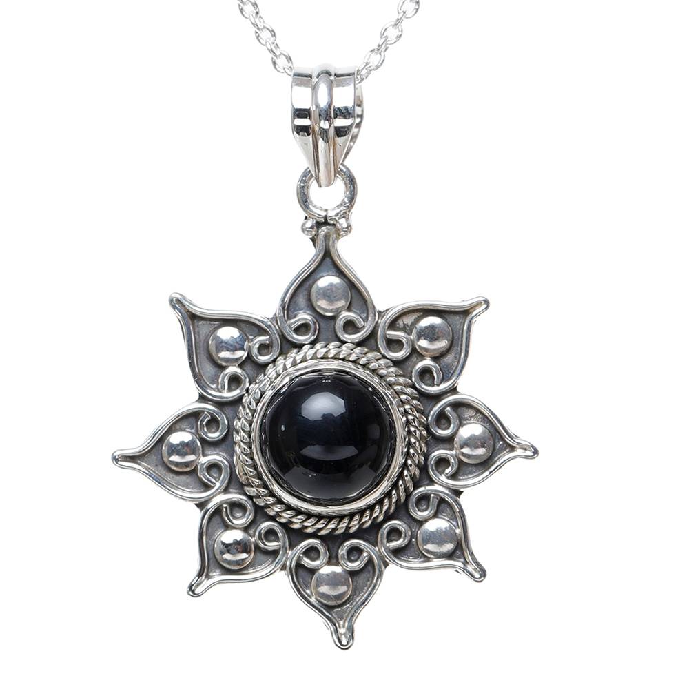 Sterling Silver Pendant With Flower Round Cut Gemstone : JUZ55--blackonyx