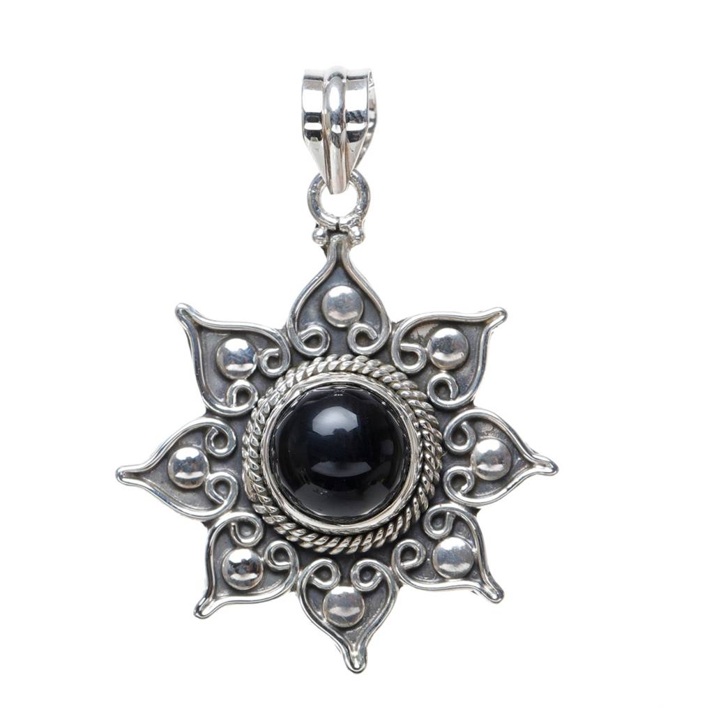 Sterling Silver Pendant With Flower Round Cut Gemstone : JUZ55--blackonyx